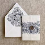"Deep blue ruffled floral lace printed vellum wrap for 5x7 card | pack of 10" - Invitation Jackets and Overlays in blue by Ivory Invitations