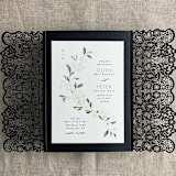 "Black French Lace Lasercut Gate Jacket for 4.25x6 inch Invitation | Pack of 10 | Envelopes Included" - Invitation Jackets and Overlays in black by Ivory Invitations