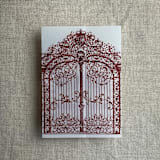 "Burgundy vintage arched gate printed vellum wrap for 5x7 card | pack of 10" - Invitation Jackets and Overlays in red by Ivory Invitations