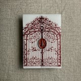 "Burgundy vintage arched gate printed vellum wrap for 5x7 card | pack of 10" - Invitation Jackets and Overlays in red by Ivory Invitations