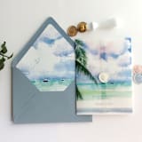 "Kai watercolor effect seaside landscape printed vellum wrap for 5x7 card | pack of 10" - Invitation Jackets and Overlays in natural by Ivory Invitations