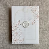 "Minimalist Peachy camelia flowers rust printed vellum wrap for 5x7 card | pack of 10" - Invitation Jackets and Overlays in copper by Ivory Invitations