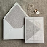 "Alice White botanic French toile leafy branch pattern printed vellum wrap for 5x7 card | pack of 10" - Invitation Jackets and Overlays in white by Ivory Invitations