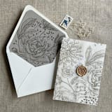 "Spice cashmere Elegant peonies and berries printed vellum wrap for 5x7 card | pack of 10" - Invitation Jackets and Overlays in gray by Ivory Invitations