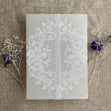 "White La belle antique rose floral lace printed vellum wrap for 5x7 card  | pack of 10" - Invitation Jackets and Overlays in white by Ivory Invitations