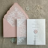 "White La belle antique rose floral lace printed vellum wrap for 5x7 card  | pack of 10" - Invitation Jackets and Overlays in white by Ivory Invitations