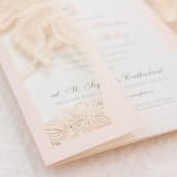 "Laser Cut Jacket With a Palm Tree for 5x7 Card | Set of 10 | Envelopes Included" - Invitation Jackets and Overlays in pink by Self Stationery