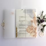 "Blush peach floral Chelsea tropical flowers and leaves printed vellum wrap for 5x7 card | pack of 10" - Invitation Jackets and Overlays in pink by Ivory Invitations