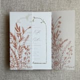 "Rust English botanical garden floral printed vellum wrap for 5x7 card | pack of 10" - Invitation Jackets and Overlays in orange by Ivory Invitations
