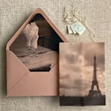 "Eiffel tower in Paris sunset printed vellum wrap for 5x7 card | pack of 10" - Invitation Jackets and Overlays in multicolor by Ivory Invitations