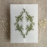 "Moss print French floral crest vellum wrap for 5x7 card | pack of 10" - Invitation Jackets and Overlays in green by Ivory Invitations