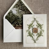 "Moss print French floral crest vellum wrap for 5x7 card | pack of 10" - Invitation Jackets and Overlays in green by Ivory Invitations