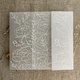 "White ink print minimalist boho peony greenery printed vellum wrap for 5x7 card | pack of 10" - Invitation Jackets and Overlays in white by Ivory Invitations