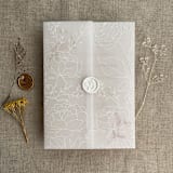 "White ink print minimalist boho peony greenery printed vellum wrap for 5x7 card | pack of 10" - Invitation Jackets and Overlays in white by Ivory Invitations