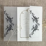 "Black print French floral crest vellum wrap for 5x7 card | pack of 10" - Invitation Jackets and Overlays in black by Ivory Invitations