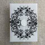 "Black La belle antique rose floral lace printed vellum wrap for 5x7 card | pack of 10" - Invitation Jackets and Overlays in black by Ivory Invitations