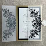 "Black La belle antique rose floral lace printed vellum wrap for 5x7 card | pack of 10" - Invitation Jackets and Overlays in black by Ivory Invitations