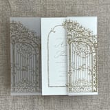"Hazelnut vintage style gate to the palace gardens vellum wrap for 5x7 card | pack of 10" - Invitation Jackets and Overlays in natural by Ivory Invitations