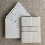 "Aurelia dot gold trim vellum wrap for 5x7 cards | pack of 10" - Invitation Jackets and Overlays in gold by Ivory Invitations