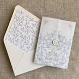 "Alice botanic French toile leafy branch pattern steel blue printed vellum wrap for 5x7 card | pack of 10" - Invitation Jackets and Overlays in blue by Ivory Invitations