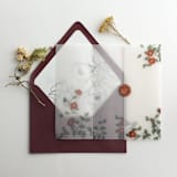 "Red velvet Camellia floral branch printed vellum wrap for 5x7 card  | pack of 10" - Invitation Jackets and Overlays in red by Ivory Invitations