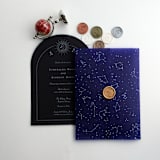 "Stella Celestial Midnight blue colored translucent vellum wrap constellation starry night sky stars white ink printed for 5x7 card | pack of 10" - Invitation Jackets and Overlays in blue by Ivory Invitations