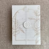 "Cashmere etched grand peony floral printed vellum wrap for 5x7 card  | pack of 10" - Invitation Jackets and Overlays in beige by Ivory Invitations