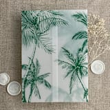 "Palm trees beach side emerald printed vellum wrap for 5x7 card | pack of 10" - Invitation Jackets and Overlays in green by Ivory Invitations