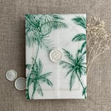 "Palm trees beach side emerald printed vellum wrap for 5x7 card | pack of 10" - Invitation Jackets and Overlays in green by Ivory Invitations