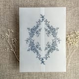 "French blue print French floral crest vellum wrap for 5x7 card | pack of 10" - Invitation Jackets and Overlays in blue by Ivory Invitations