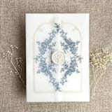 "French blue print French floral crest vellum wrap for 5x7 card | pack of 10" - Invitation Jackets and Overlays in blue by Ivory Invitations