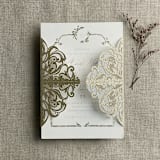 "Antique gold glitter lace wedding invitation Jacket for 5x7 cards | pack of 10" - Invitation Jackets and Overlays in gold by Ivory Invitations