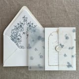 "Steel blue French roses lace floral printed vellum wrap for 5x7 card  | pack of 10" - Invitation Jackets and Overlays in blue by Ivory Invitations