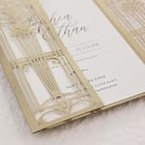 "Old Gold Great Gatsby Gatefold Laser Cut Invitation Jacket for 5x7 Card | Set of 10 | Envelopes Included" - Invitation Jackets and Overlays in gold by Self Stationery