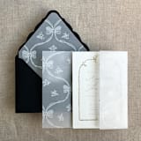 "White genie floral bows printed vellum wrap for 5x7 card | pack of 10" - Invitation Jackets and Overlays in white by Ivory Invitations