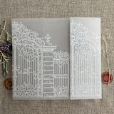 "White ink print Baroque style arched gate vellum wrap for 5x7 card | pack of 10" - Invitation Jackets and Overlays in white by Ivory Invitations
