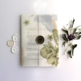 "Moss olive green floral Chelsea tropical flowers and leaves printed vellum wrap for 5x7 card | pack of 10" - Invitation Jackets and Overlays in green by Ivory Invitations