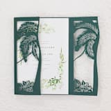 "Green Laser Cut Jacket With a Palm Tree for 5x7 Card | Set of 10 | Envelopes Included" - Invitation Jackets and Overlays in green by Self Stationery