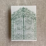 "Sage vintage arched gate printed vellum wrap for 5x7 card | pack of 10" - Invitation Jackets and Overlays in green by Ivory Invitations