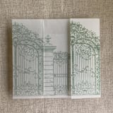 "Sage vintage arched gate printed vellum wrap for 5x7 card | pack of 10" - Invitation Jackets and Overlays in green by Ivory Invitations