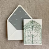 "Sage vintage arched gate printed vellum wrap for 5x7 card | pack of 10" - Invitation Jackets and Overlays in green by Ivory Invitations