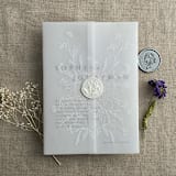 "White ink print Meadow flowers symmetry printed vellum wrap for 5x7 card | pack of 10" - Invitation Jackets and Overlays in white by Ivory Invitations