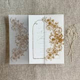 "Gold La belle rose lace printed vellum wrap for 5x7 card | pack of 10" - Invitation Jackets and Overlays in gold by Ivory Invitations