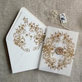 "Gold La belle rose lace printed vellum wrap for 5x7 card | pack of 10" - Invitation Jackets and Overlays in gold by Ivory Invitations