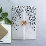 "Willow leaves and rose flower canopy black printed vellum wrap for 5x7 card | pack of 10" - Invitation Jackets and Overlays in black by Ivory Invitations
