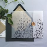 "Willow leaves and rose flower canopy black printed vellum wrap for 5x7 card | pack of 10" - Invitation Jackets and Overlays in black by Ivory Invitations