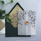 "Willow leaves and rose flower canopy black printed vellum wrap for 5x7 card | pack of 10" - Invitation Jackets and Overlays in black by Ivory Invitations