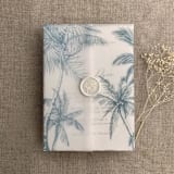 "Palm trees beach side steel blue printed vellum wrap for 5x7 card | pack of 10" - Invitation Jackets and Overlays in blue by Ivory Invitations