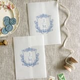 "Custom blue crest and initials vellum wrap for invitations | Set of 10" - Invitation Jackets and Overlays in blue by Maria Ferrer G.