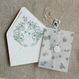 "Sage French roses lace floral printed vellum wrap for 5x7 card | pack of 10" - Invitation Jackets and Overlays in green by Ivory Invitations